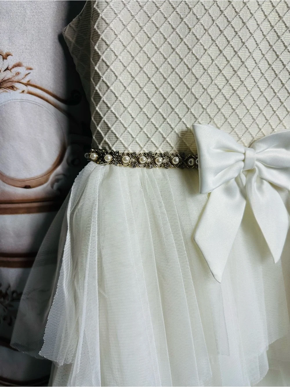 American Princess Ivory Lace Bodice Tulle Dress with Jeweled Waist